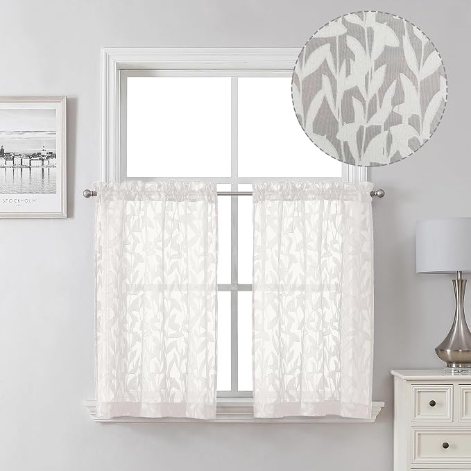 Lecloud Leia 2 PCS Ivory Sheer Kitchen Curtains 36 Inch Length, Breathable Clip by Lecloud