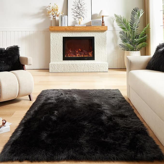 AMTOVO Faux Fur Sheepskin Rug for Living Room, 4 x 6 ft Black Fluffy Area Rug - Image 2