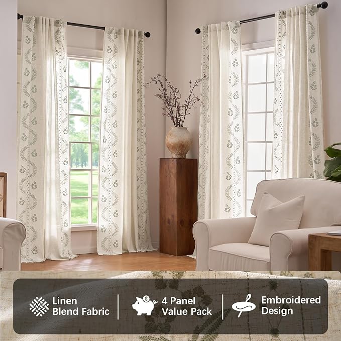 jinchan Belrose 4 Panel Curtains Set 84 Inch Length Floral Curtains Sage Green - Image 2