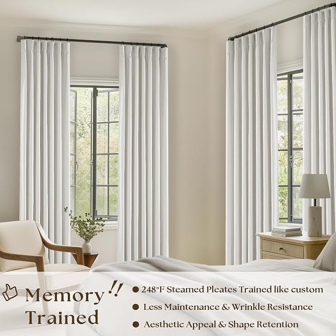 Beige White Pinch Pleated Full Blackout Linen 96 Inch Curtains 2 Panels | Room - Image 2