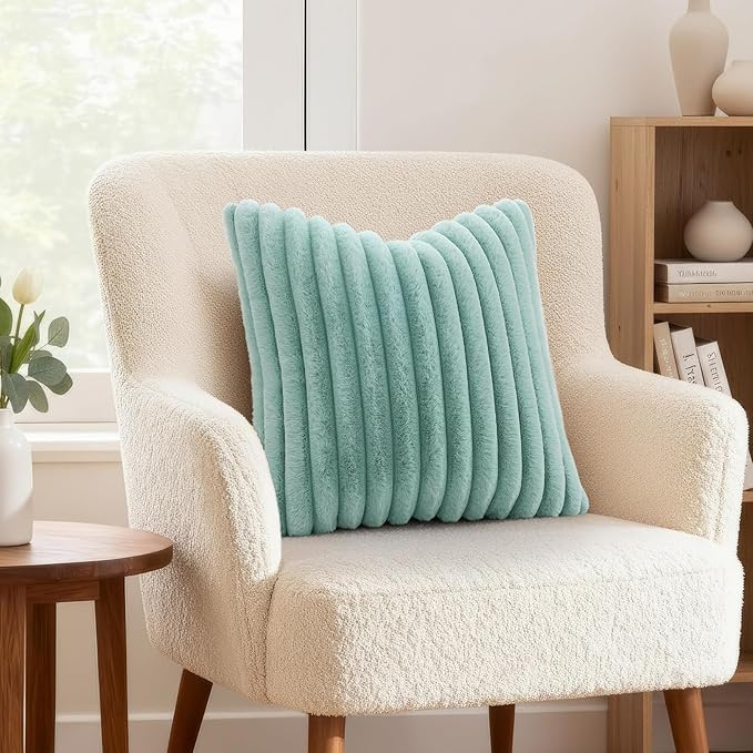 decorUhome Fall Faux Fur Throw Pillow Covers 20x20 Set of 2 Aqua | Decorative - Image 4
