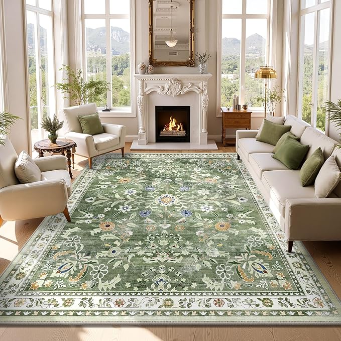 Yamaziot Washable Area Rug 8x10 – Large Non-Slip Boho Floral Living Room Rug by Yamaziot