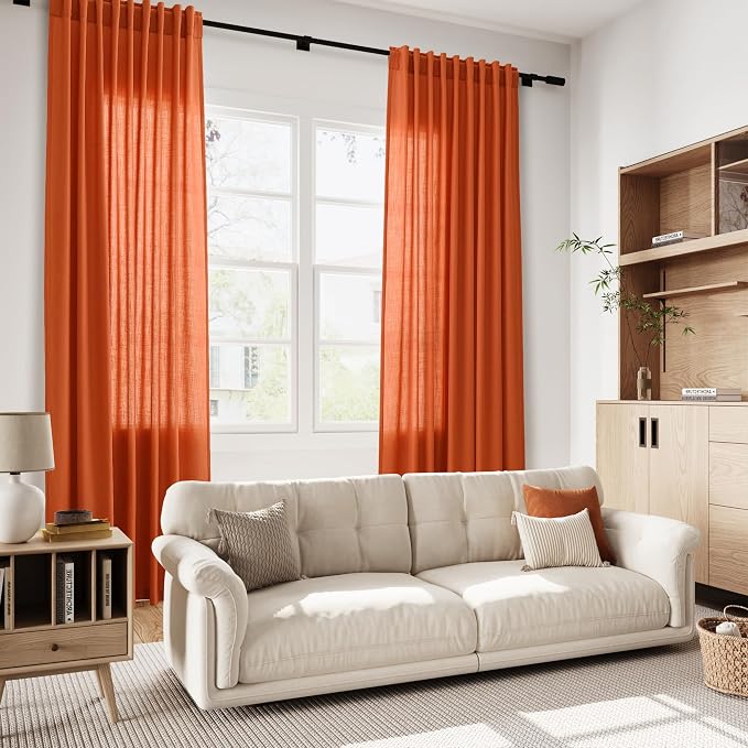Extra Long Curtain Bright Orange Morden Linen Blend Light Filtering Back Tab - Image 7