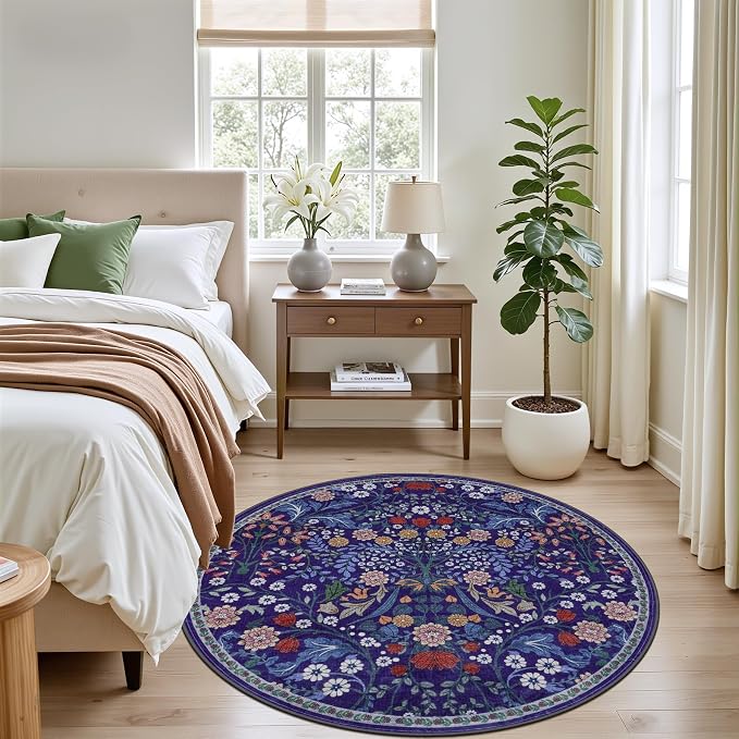 Round Area Rug for Living Room: 4 ft Floral Washable Circle Rug Soft Boho - Image 3