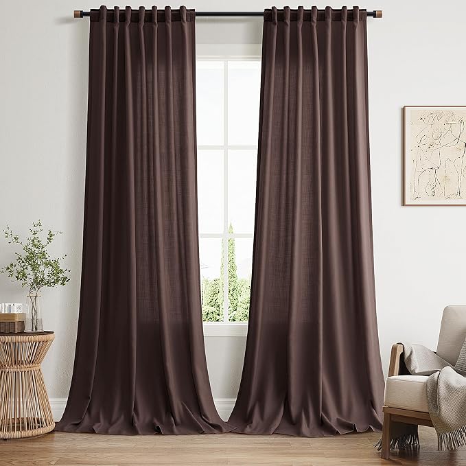 Linen Curtains Semi Sheer Coffee Brown 96 Inches Long 2 Panels Set by Nanspring