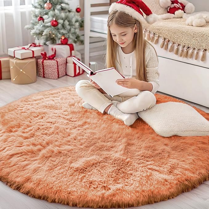OLANLY Muted Orange Round Rugs for Bedroom by OLANLY