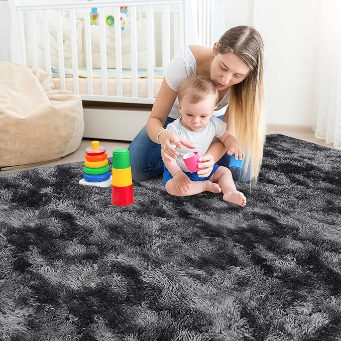 Black Grey Tie-Dyed Rug for Living Room 5x8 Fluffy Area Rug Mat Bedside Throw - Image 3