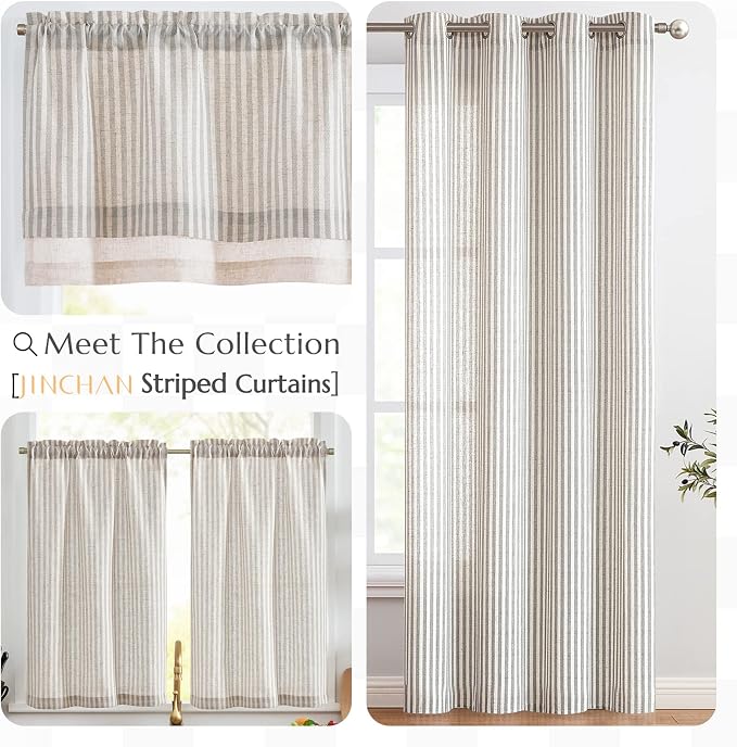 jinchan Linen Valance Curtain Striped Grey Small Window Curtain Double Layer - Image 8
