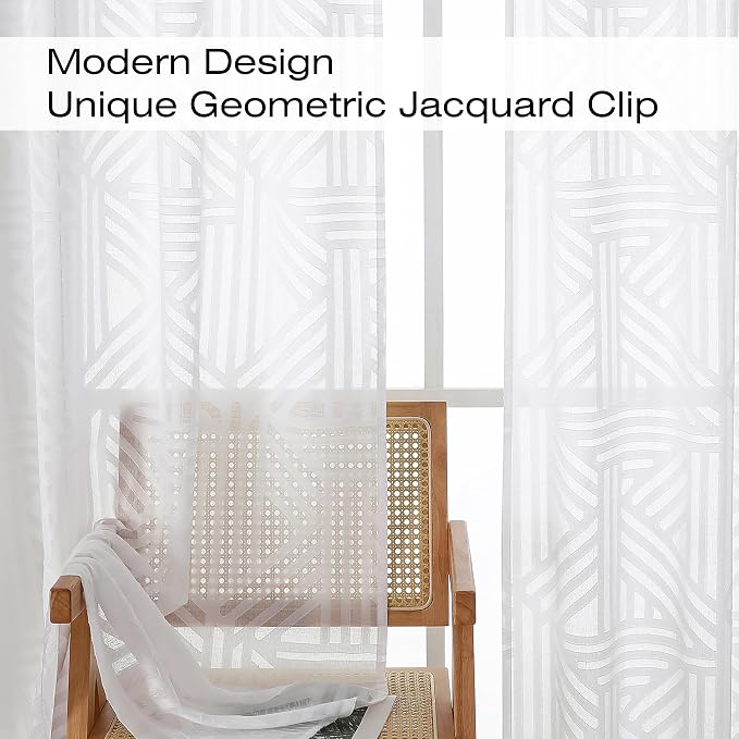 Simplebrand Semi Sheer White Curtains 45 Inch Length 2 Panels, Geometric - Image 3