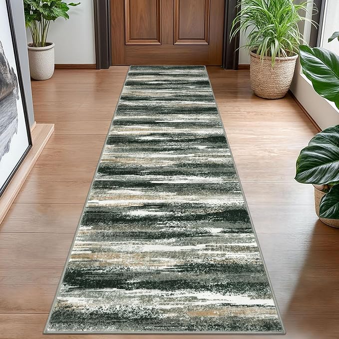 Lansny Modern Abstract Hallway Runner Rug, Forest Green Washable Kitchen Runner by lansny