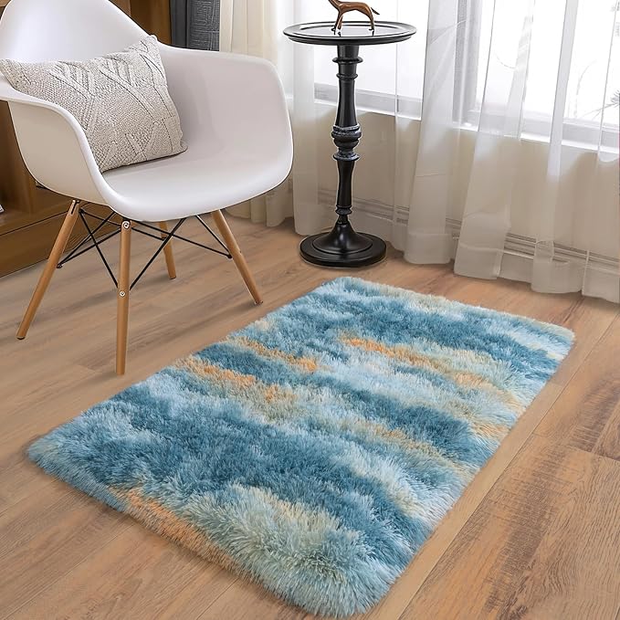 Soft Runner Rugs for Bedroom Hallways, 2x3 Abstract Blue Fluffy Shag Throw Area - Image 3