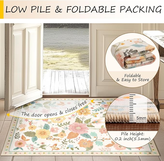 RELEANY Floral Washable 4x6 Area Rugs Beige/White/Orange | Flower Carpet Print - Image 5