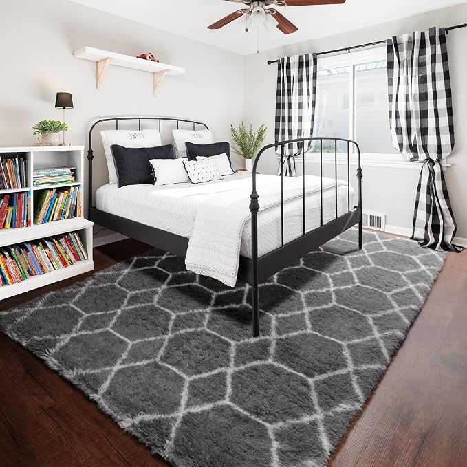 Area Rugs for Living Room, 5x8 Fluffy Grey and White Bedroom Geometric Rug | - Image 6