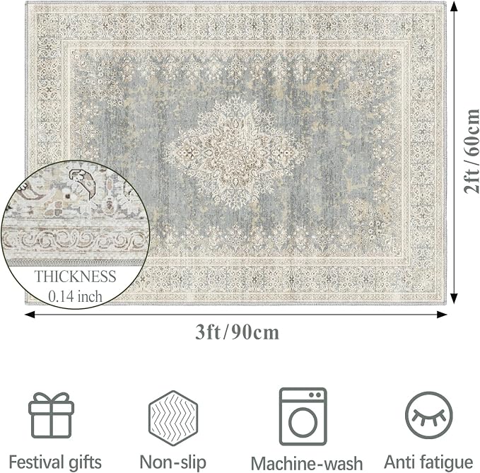 2x3 Entryway Rug Non-Slip Washable Thin Indoor Vintage Rug Low-Pile Floor Carpet - Image 2
