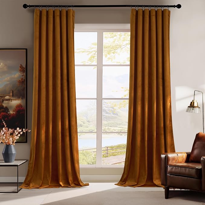 RYB HOME Fall Curtains Burnt Orange Velvet Curtains, Light Blocking, Thermal by RYBHOME