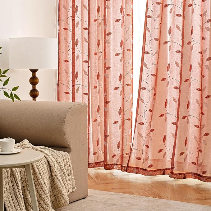 MIULEE Terracotta Sheer Curtains 2 Panels Embroidered Leaf Patterned burnt - Image 3