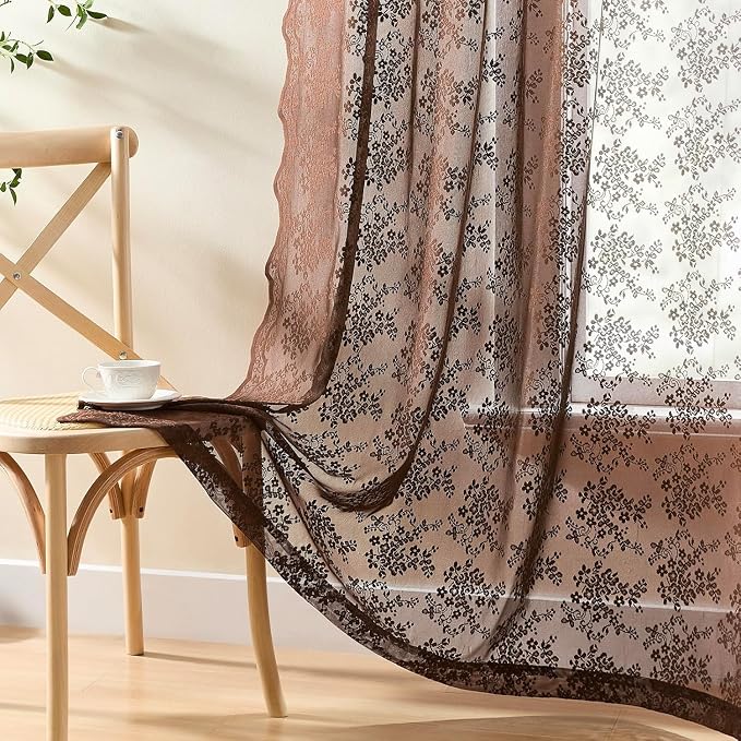 YJ YANJUN Vintage Lace Curtains 108 Inches Long-Victorian Floral Pattern Brown - Image 2