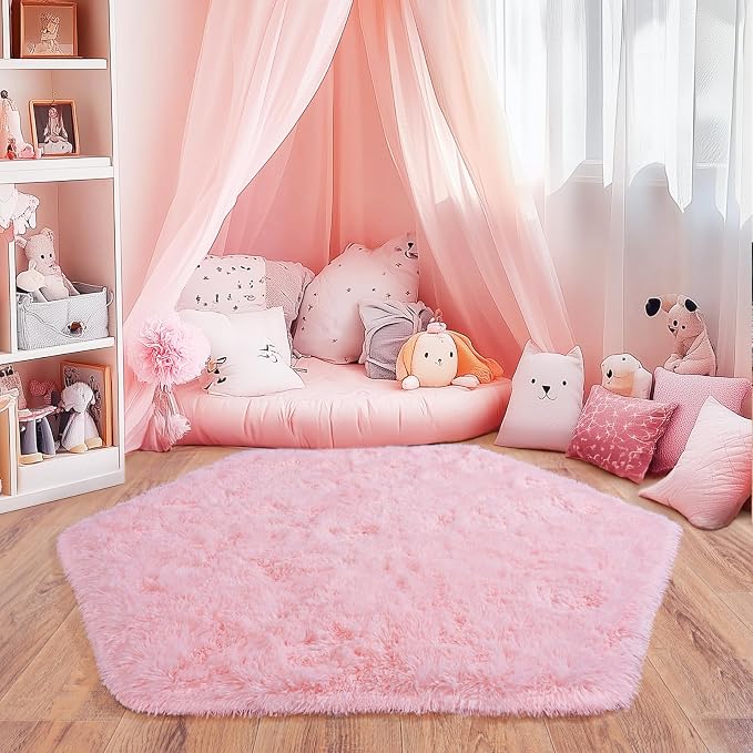 4x4.6 Feet Pink Hexagon Rugs for Princess Tent, Ultra Soft Fluffy Hexagon Area by Quntue