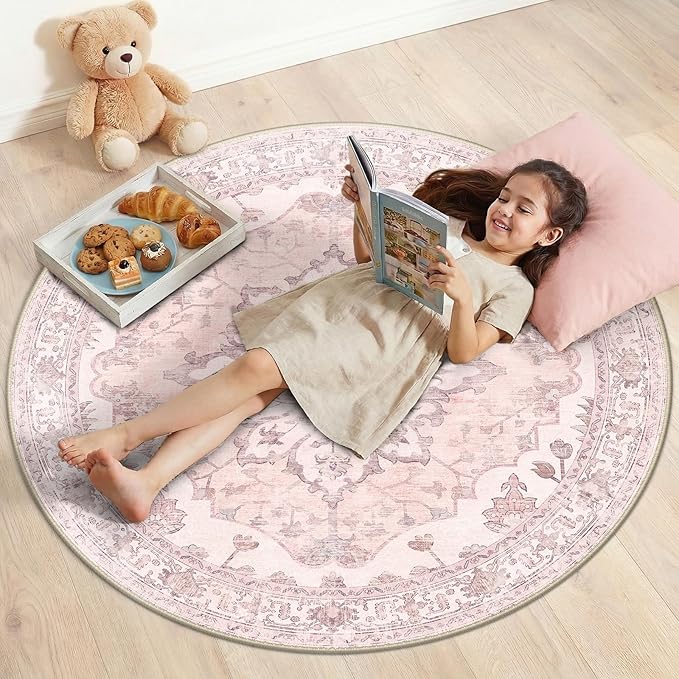 Area Rugs 4ft Washable Non-Slip, Floral Vintage Distress Print Pattern by RELEANY
