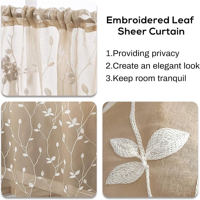 AmHoo 2 Panels Embroidered Leaf Pattern Semi Sheer Curtains Foliage Floral - Image 4