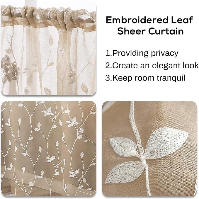 AmHoo 2 Panels Embroidered Leaf Pattern Semi Sheer Curtains Foliage Floral - Image 4