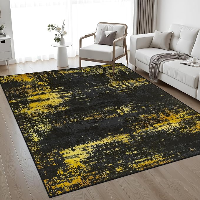 5x7 Area Rug Living Room: Modern Washable Soft Carpet Black Gold | by FXRHLP
