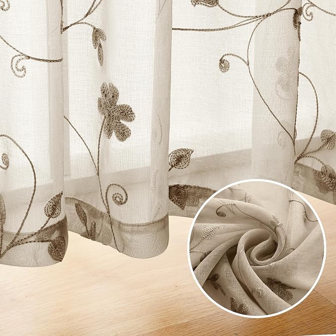 HOMEIDEAS Taupe Sheer Curtains 63 Inches Length 2 Panels Beige Embroidered - Image 6