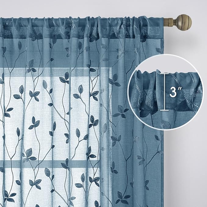 HOMEIDEAS Cyan Blue Sheer Curtains 52 X 96 Inches Length 2 Panels Embroidered - Image 5