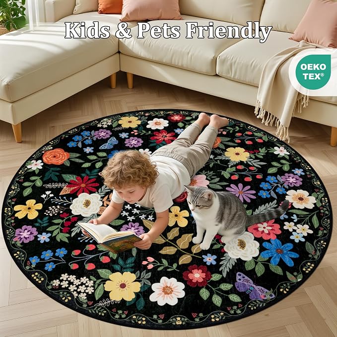 Round Area Rug for Living Room: 6 ft Floral Washable Circle Rug Soft Boho - Image 8