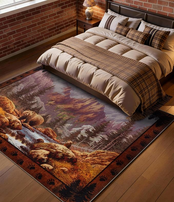 YIHOUSE Rustic Cabin Area Rug for Bedroom 5x7, Machine Washable Woodland Bear - Image 3