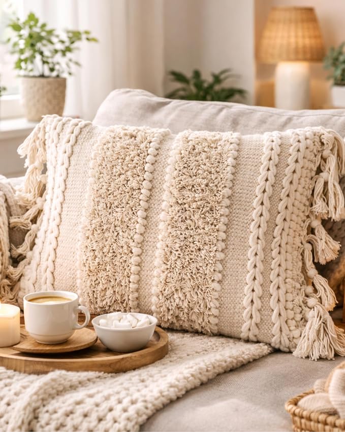 Decorative Boho-Chic Square Pillow Cover 18x18 Handwoven Tufted Braided Cotton by Cozydeko