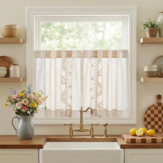 jinchan Belrose Linen Floral Kitchen Curtains 24 inch Length Embroidered by JINCHAN