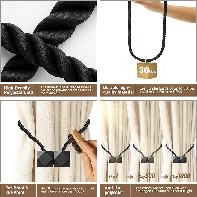 Hion Magnetic Curtain Tiebacks Black 6 Pack, Curtain Tiebacks Buckles Holdbacks - Image 3