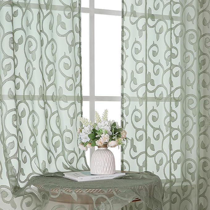 OWENIE Sage Green Sheer Curtains 63 inch Length by OWENIE
