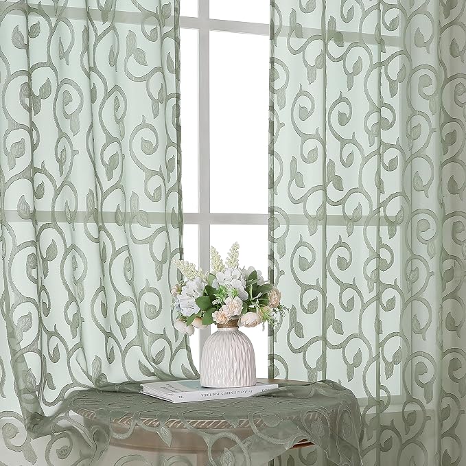 OWENIE Furman Sage Green Sheer Curtains 45 Inch Length 2 Panels Set - Image 2