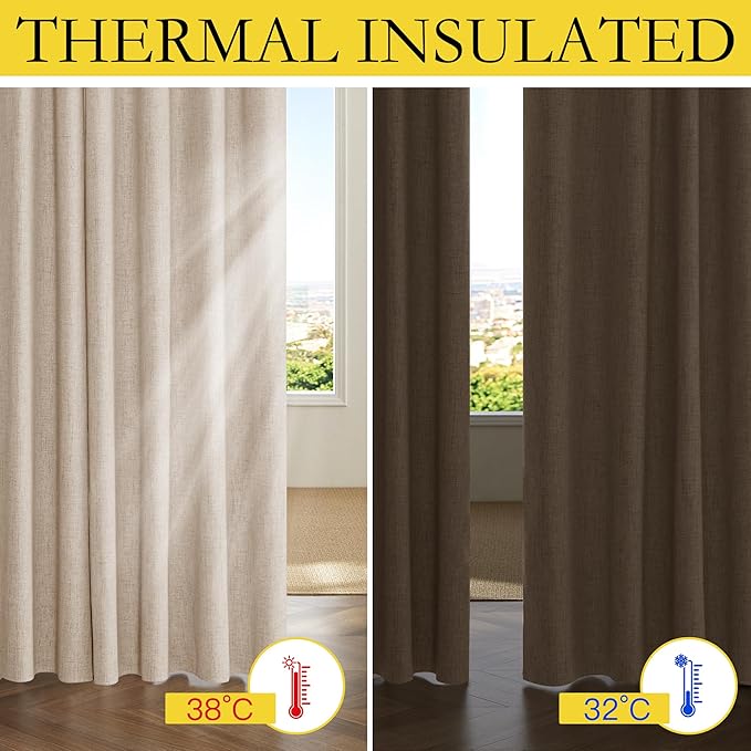 NICETOWN 100% Blackout Beige Linen Bedroom Curtains 95" Length - Image 5