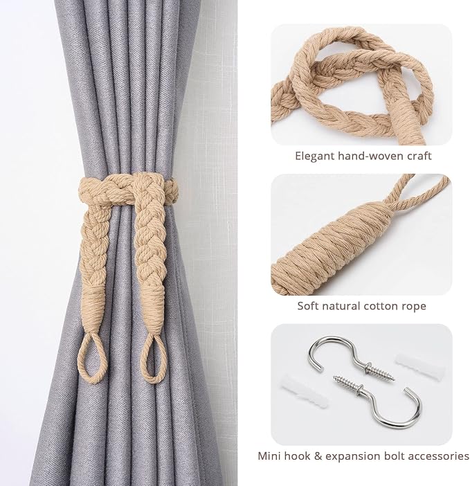 NICEEC 2 Pack Natural Cotton Rope Curtain Tiebacks Elegant Boho Style - Image 2