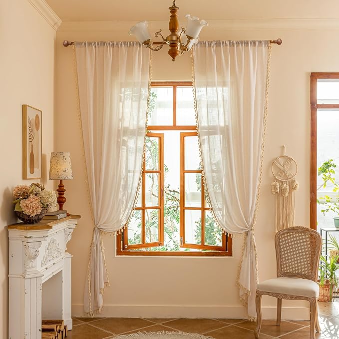 MYSKY HOME 90 Inch Boho Cream Semi Sheer Curtains Light Filtering Back Tab - Image 8
