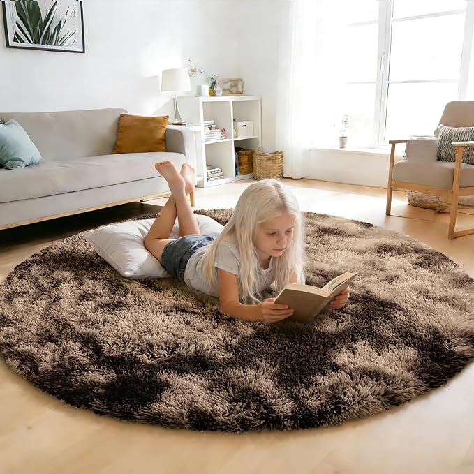 Tie-Dyed Coffee Fluffy Round Rug, Soft Area Rugs by yulidayang