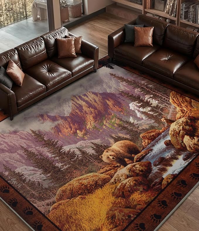 Rustic Cabin Area Rug for Bedroom 4x6, Machine Washable Forest Bear Rug - Image 8