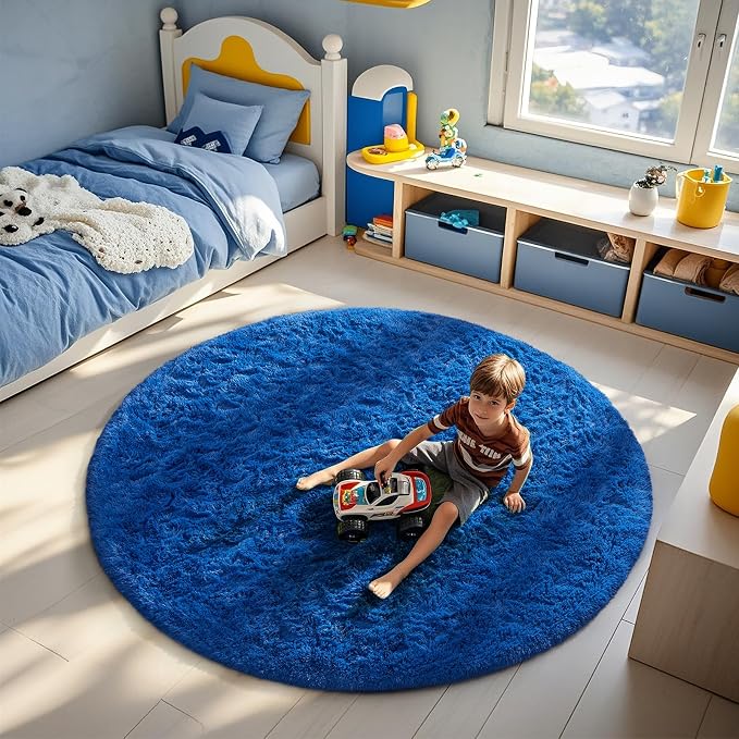 Ophanie Round Rug 6Ft Blue Circle Area Rug, Boys Room Decor, Fluffy Fuzzy - Image 3