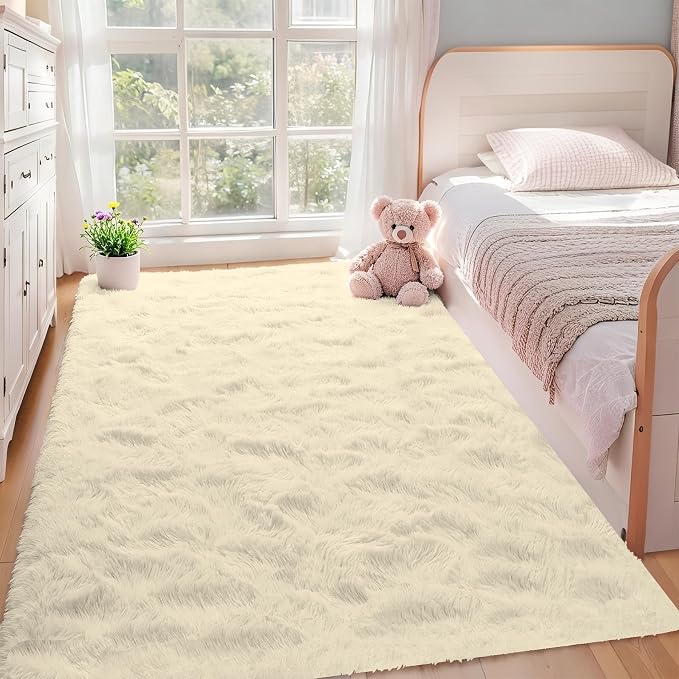 Circle Rug for Bedroom: 4FT Cream White Round Fluffy Shag Soft Washable Rugs - Image 4