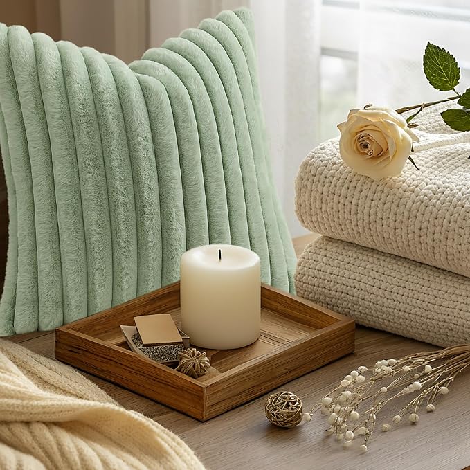 decorUhome Fall Faux Fur Throw Pillow Covers 20x20 Set of 2 Sage Green | - Image 9