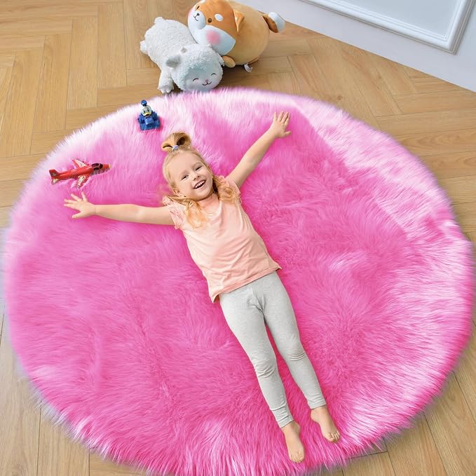 duduta Hot Pink Faux Sheepskin Round Rug 4x4 ft, Fluffy Shag Girls Bedroom by duduta