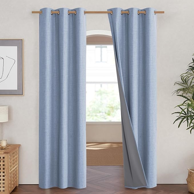 NICETOWN Stone Blue Vintage Linen 100% Blackout Curtains - Image 2