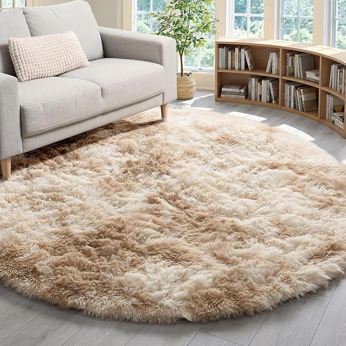 ONASAR Tie-Dye Beige Round Area Rug 4ft, Soft Bedroom Circle Rugs Floor Mats by ONASAR