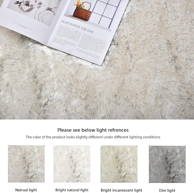 ORINOVA White and Grey Faux Fuzzy Fur Sheepskin Washable Area Rugs - Image 9
