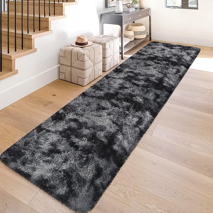 Tie-Dyed Runner Rug for Bedroom Black Grey 2x10ft Fluffy Area Rug Bedside by JiaoBaba