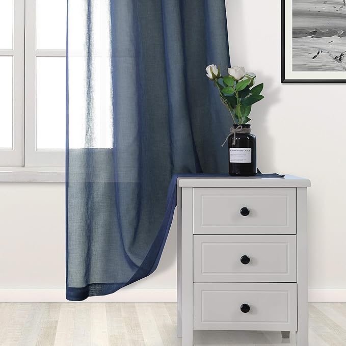 DWCN Navy Blue Sheer Curtains Semi Transparent Voile Rod Pocket Curtains - Image 3