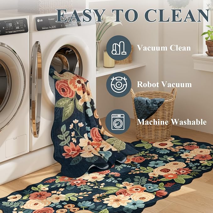 DUKINO 2.6x12 Washable Runner Rug, Floral Non Slip Kitchen Rug, Stain Resistant - Image 8